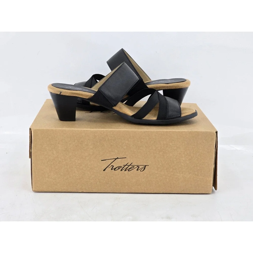 Trotters Maxine Sandals Women 9 W Black Leather Strappy Block Heel - NEW